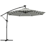 Outsunny Parasol ogrodowy LED solar Ø300 cm, obrotowy, z korbą, stojakiem i pokrowcem, jasnoszary