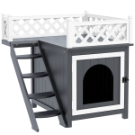 PawHut Wooden Cat House, Two-Floor Cat Shelter with Balcony, Stairs, Indoor Outdoor Small Pet Condo for Rabbits, Cats, Grey