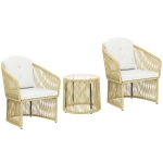 Outsunny Rattan-Bistro-Set, 3-teiliges Gartenmöbel-Set mit rundem Glastisch, Sesseln und Kissen, Cremeweiß