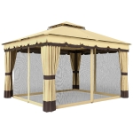 Outsunny Pérgola de Jardim 3,7x3 m com Teto Duplo 4 Cortinas e Mosquiteira Estrutura em Aço Orifícios de Drenagem UV30+ Bege