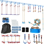 AIYAPLAY Ninja Line Kinderen 24 m Slackline Set met Turnringen en 7 Hindernissen Klimstang Evenwichtsbalk voor Kinderen 3-6 Jaar Rood+Blauw