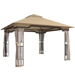Outsunny 3.3 x 3.3 m Outdoor Garden Gazebo with Post Shelves, UPF50+ Patio Permanent Pavilion with Hook, Khaki