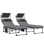 Outsunny Folding Sun Loungers Set of 2 with Canopy, Reclining Sunbed with Cushion, Side Pocket, Carrying Handle, Light Grey