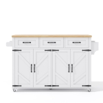 Mobile Kitchen Island with 5 Lockable Castors and Central Wheel, Practical Cart with Foldable Tabletop, 140L x 70W x 90.5H cm, White+Natural