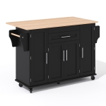 Versatile Kitchen Trolley with Fold-Out Worktop, Spacious Storage Island with Double-Door Cabinets, 136L x 70W x 92H cm, Black+Natural