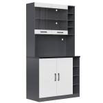 Tall Kitchen Cupboard with LED Lighting and Generous Storage, Freestanding Pantry with Microwave Shelf, 100L x 47W x 187H cm, White+gray