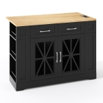 Mobile Kitchen Island with Foldable Tabletop and Sockets, Storage Buffet with Adjustable Shelves, 120L x 65W x 92H cm, Black+Natural