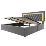 Upholstered Bed with Built-In USB Ports and Type-C Charging, Hydraulic Storage Bed with Adjustable Headboard, 214L x 160W x 108H cm, Grey