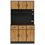 Stylish Tall Pantry Cabinet with App-Controlled LED, Spacious Larder Unit with Water-Resistant Worktop, 100L x 40W x 180H cm, Black+Natural