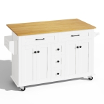 Versatile Kitchen Trolley with Extendable Worktop and 5 Drawers, Sturdy Buffet with Lockable Castors, 140L x 65W x 89H cm, White+Natural