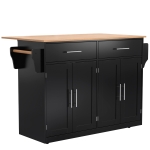 Contemporary Kitchen Storage Trolley with Foldable Dropleaf, Spacious Buffet with Towel Holders, 120L x 71W x 91.5H cm, Black+Natural