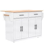 Contemporary Kitchen Storage Trolley with Foldable Dropleaf, Spacious Buffet with Towel Holders, 120L x 71W x 91.5H cm, White+Natural