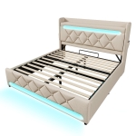 Upholstered Storage Bed with Integrated LED Lighting and USB Ports, Hydraulic Bed with Metal Slatted Frame, 225L x 156W x 111H cm, Beige
