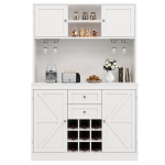 Tall Kitchen Cabinet with Wine Rack and Adjustable Shelves, Spacious Kitchen Cupboard with Doors and Drawers, 120L x 40W x 188H cm, White