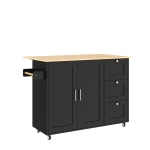 Versatile Kitchen Island with 3 Drawers and 2-Door Cabinet, Space-Saving Rolling Trolley with Foldable Worktop, 135L x 70W x 90H cm, Black