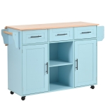Stylish Kitchen Trolley with Foldable Wood-Grain Countertop, Versatile Buffet with Interchangeable Wheels, 139L x 46W x 91H cm, Blue