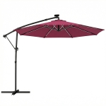 Outsunny 3 m Garden Cantilever Parasol with LED Solar Light, Round Overhanging Umbrella with 360° Rotation, Cover, Wine Red