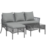 Outsunny 3 Piece Rattan Garden Furniture Corner Sofa Set with Chaise Lounge, Loveseat, Glass Coffee Table, Cushions, Dark Grey