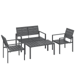 Outsunny 4 Piece Garden Furniture Set, Outdoor Sofa Set with HDPE Slatted Loveseat Armchairs Coffee Table Metal Frame, Dark Grey