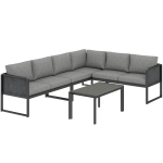 Outsunny 6 Seater Metal Garden Furniture Corner Sofa Set with 3 Loveseats, Faux Wood Table, Texteline Seat, Cushions, Dark Grey