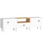 HOMCOM Mueble TV hasta 178 cm con 2 Puertas Abatibles, Cajón y Estantería Abierta, en Madera, 150x35x45 cm, Blanco y Color Madera