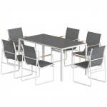 Outsunny Ensemble de Table et Chaises de Jardin avec Table en Verre Trempé et 6 Chaises Respirantes pour Terrasse/Patio Blanc et Gris