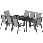 Outsunny Ensemble d'extérieur 9pcs avec 8 Chaises Empilables en Textilène et Table Basse avec Plateau en Verre, Gris Clair