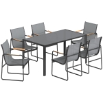 Outsunny Conjunto de Mesa y Sillas Jardín con Mesa de Vidrio Templado y 6 Sillas Transpirables para Terraza Patio Gris