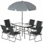 Outsunny Set de Jardin 8 pz avec Parasol, 6 Chaises Pliantes et Table d'Extérieur en Verre Trempé, Noir