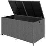 Outsunny Coffre à coussins en rotin 650L résistant aux intempéries résistant aux UV coffre à coussins avec couvercle roulettes espace de rangement 150 x 75 x 74 cm Gris foncé