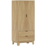 HOMCOM Armario dormitorio con 2 puertas de cierre suave, 2 cajones y barra para colgar, 80x50x180cm, madera natural