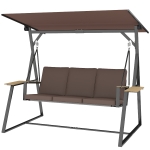 Outsunny Balancelle de Jardin Extérieure 3 Places avec Toit Ajustable 2 Plateaux Coussins et Structure Métallique Charge 360 kg Marron
