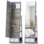 HOMCOM Specchio Portagioie con Luci LED, Armadio Portagioie con Specchio a Figura Intera, Girevole 360° e Cassetto Serratura, Grigio Chiaro