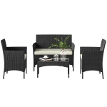 Outsunny Ensemble mobilier de jardin en rotin synthétique avec canapé, fauteuils et table en verre trempé et coussins Noir et Crème