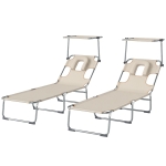 Outsunny Set de 2 transats pliants inclinables avec pare-soleil 360° ouverture faciale poche latérale et Textilene 550 g/m² Beige