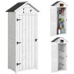 Outsunny Small Shed, Tall Slim Wooden Garden Shed with 3 Removable Shelves and Roof Hatch, Compact Outdoor Tool Storage Cabinet with Asphalt Roof and Door Latch, 77 x 54.2 x 179 cm, Light Grey