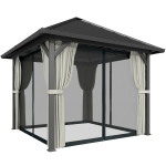 Outsunny 3 x 3(m) Hardtop Gazebo with Galvanised Steel Roof and Water Gutter, Waterproof Permanent Pavilion Garden Gazebo with Netting and Curtains for Patio, Deck, Black