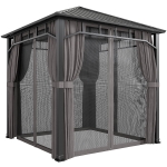 Outsunny 2.5 x 2.5 m Hardtop Gazebo with Galvanised Steel Roof, Waterproof Permanent Pavilion Garden Gazebo with Netting and Curtains for Patio, Deck, Dark Grey