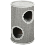 PawHut Tonneau à griffer, 60 cm de hauteur Ø 35 cm, tonneau pour chat à deux étages avec 2 niches, bord en peluche, pour 1-2 chats jusqu'à 5 kg, gris clair