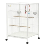 PawHut Cage pour oiseaux sur roulettes avec mangeoires, perchoirs, balançoire et plateau amovible 48x46x78 cm Blanc