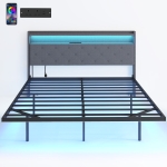 HOMCOM Cadru de pat 160 x 200 cm cu somieră din oțel, pat dublu plutitor cu lumini LED RGB și stație de încărcare, gri