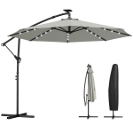 Outsunny Parasol déporté LED Solaire env. Ø300 cm Orientable Parasol à manivelle Pied Housse de protection Gris clair
