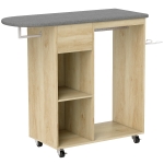 HOMCOM Armadio da Stiro in Legno con Ruote, Barra Appendiabiti e Ripiano, 125x43,5x102,5 cm, Legno Naturale