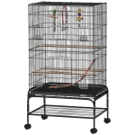 PawHut Cage pour Oiseaux avec Aire de Jeu, Roues, Plateau Amovible et Étagère, 64x45x110 cm, Noir