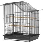 PawHut Cage pour oiseaux à 4 portes avec 2 gamelles, 2 perchoirs et bac, en métal et plastique, 47.5x36x54.5 cm, Noir