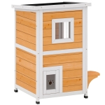 PawHut Maisonnette pour Chats en Bois Extérieure à 2 Niveaux avec Toit Rabattable Panneau Central Amovible 51x51x81,3 cm Naturel