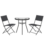 Outsunny Outdoor-Bistro-Set, 3-teiliges Terrassenmöbel mit klappbaren Stühlen und halbkreisförmigem Glastisch, Schwarz