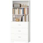 HOMCOM Bibliothèque armoire haute vitrine avec 3 tiroirs, 3 étagères ouvertes, pour salon et cuisine, 79x39,5x180 cm, blanc