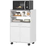 HOMCOM Meuble micro-ondes, étagère, armoire à deux portes, tiroir, roulettes, blanc