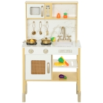 AIYAPLAY Cuisinette en bois avec sons, accessoires en acier inoxydable, légumes à découper, dorée